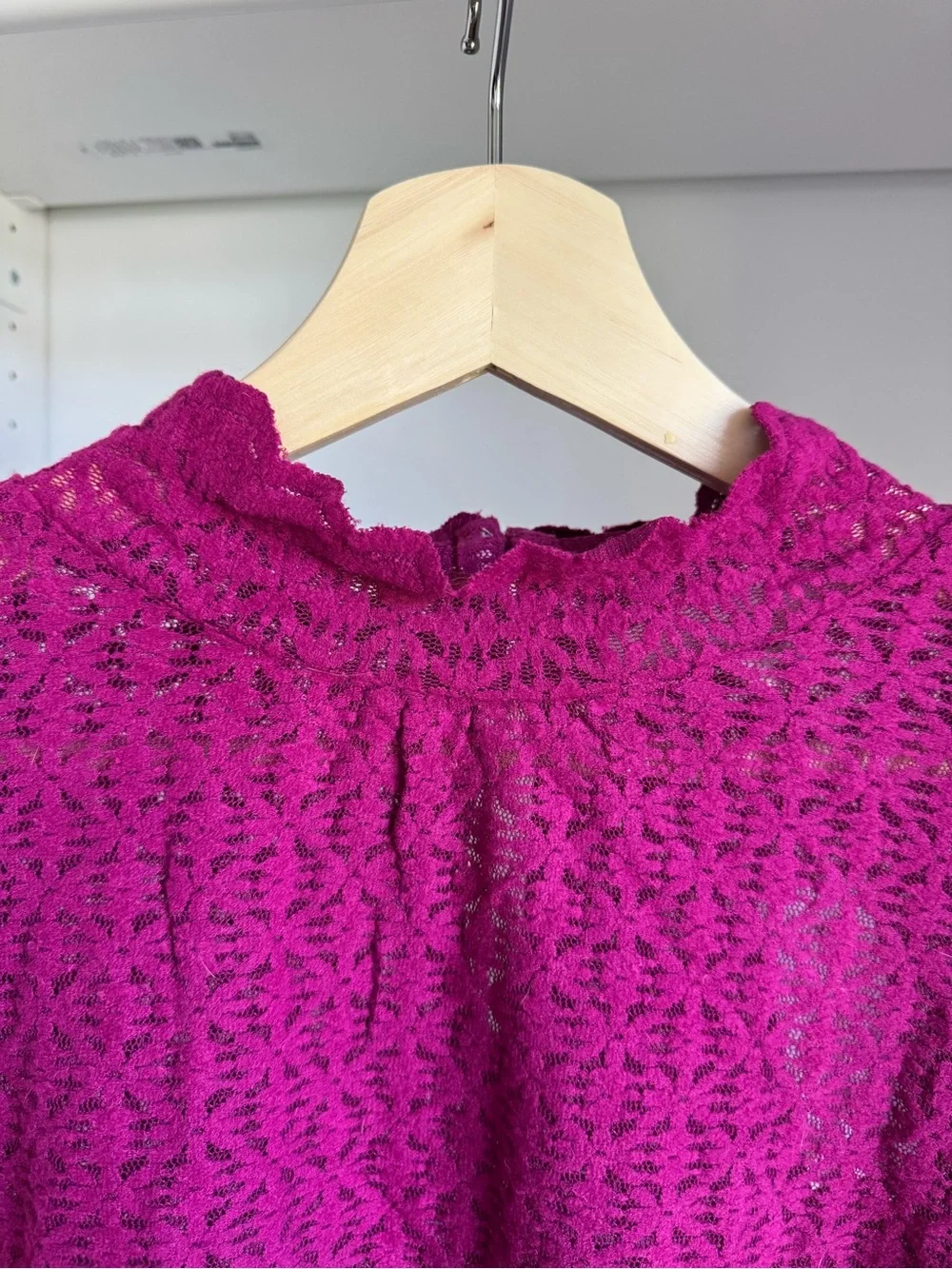 LOFT Magenta Lace Long-Sleeve Mock Neck Blouse